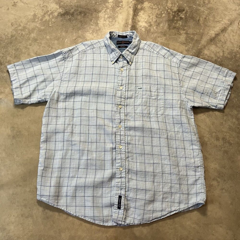 Tommy Hilfiger Shirt Mens XL Blue Linen Plaid Short Sleeve Button Front Golf